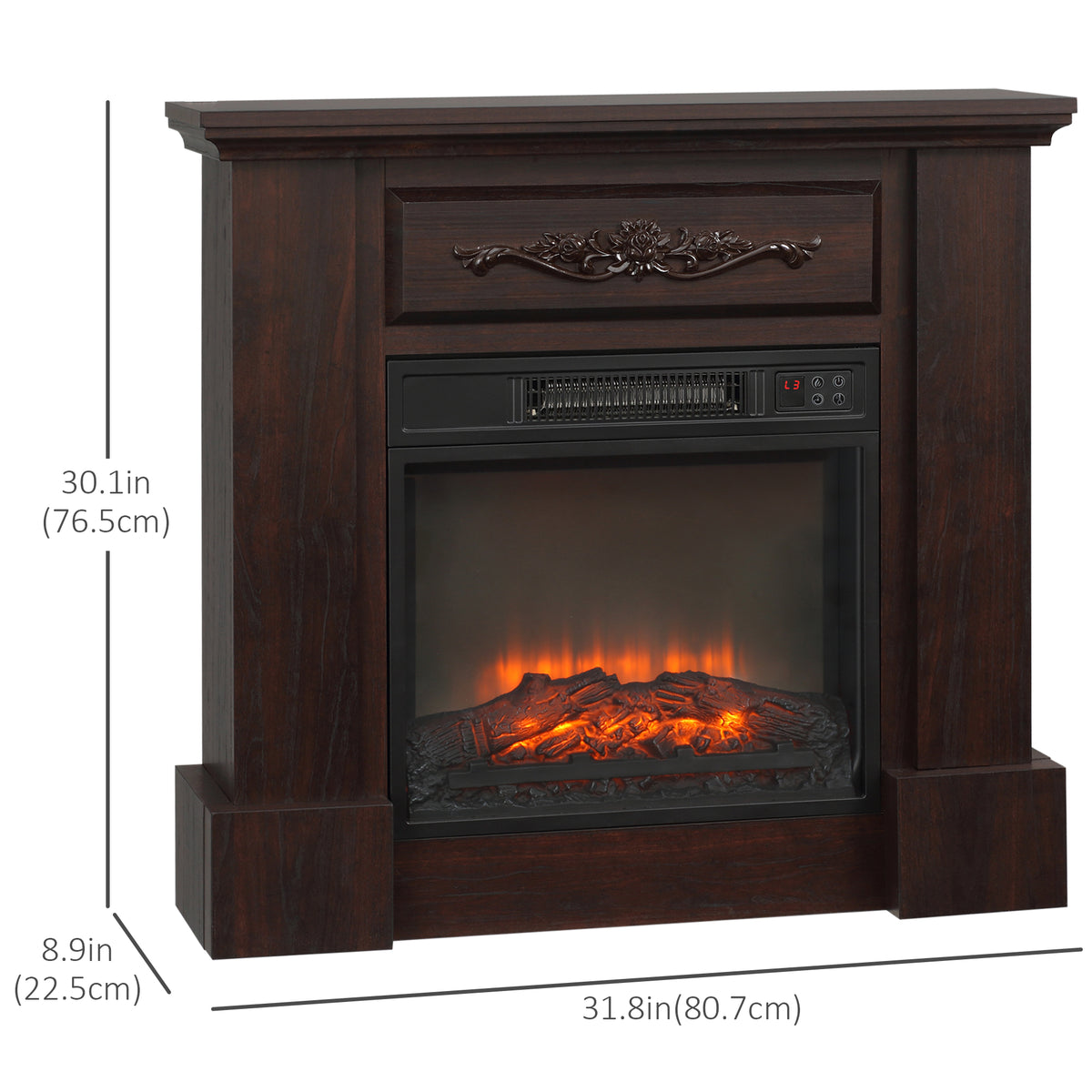 Electric Fireplace with Mantel, Freestanding Heater Corner Firebox with Log Hearth and Remote Control, 1400W, Brown