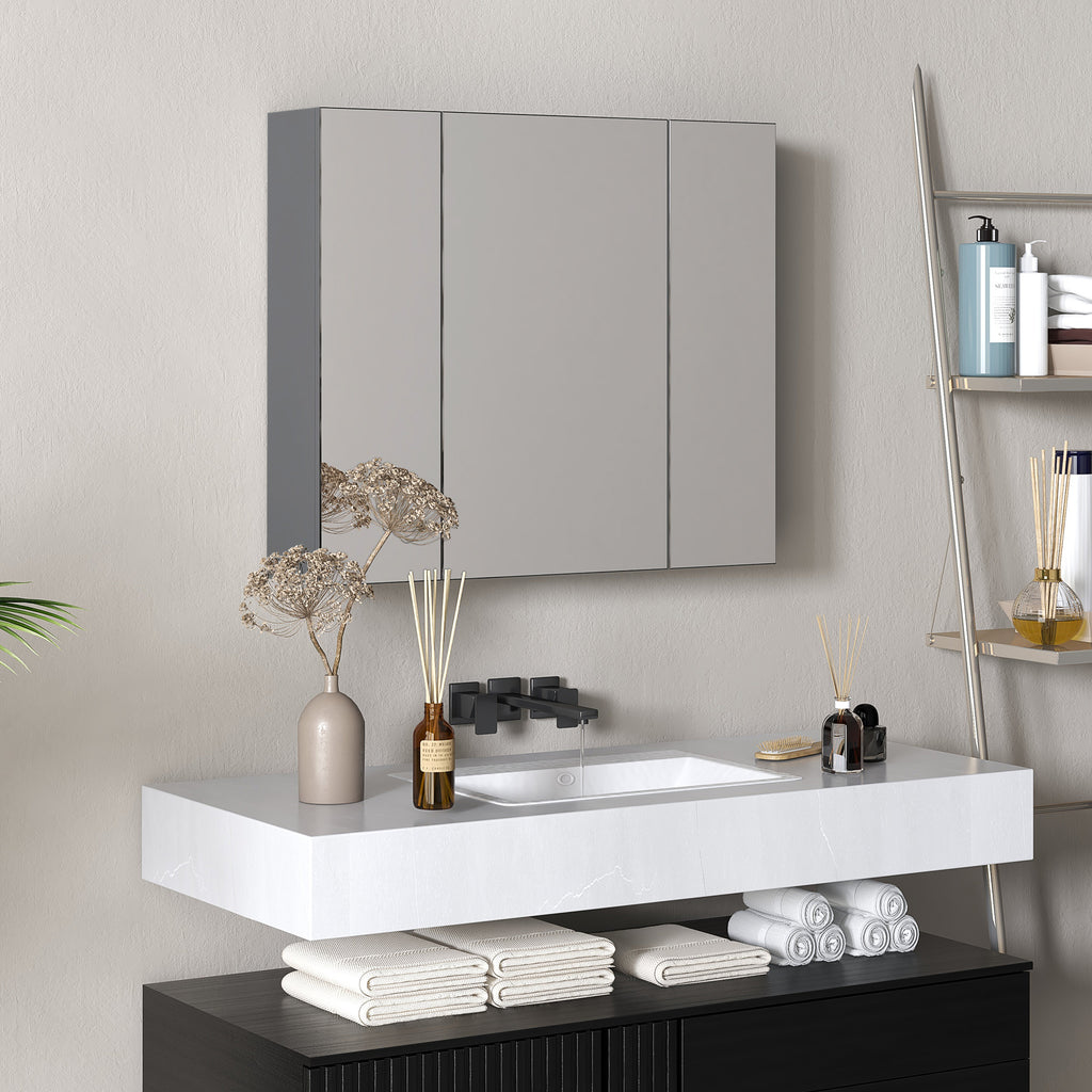 28" x 24" Wall Mounted Mirror Cabinet, Bathroom Medicine Cabinet with Mirror, 3 Doors and Adjustable Shelves, White