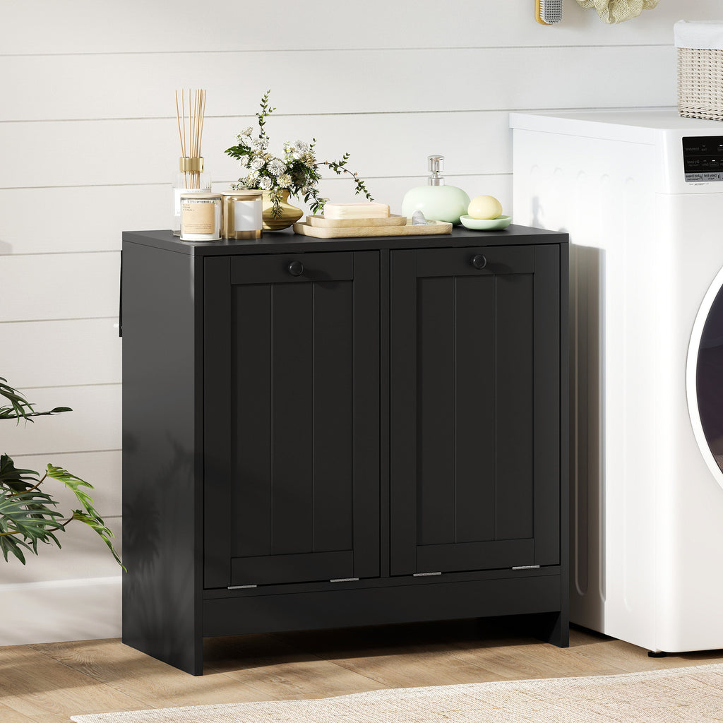 Tilt-Out Laundry Storage Cabinet, Modern Laundry Hamper with 2 Compartments for Bathroom Washroom, White