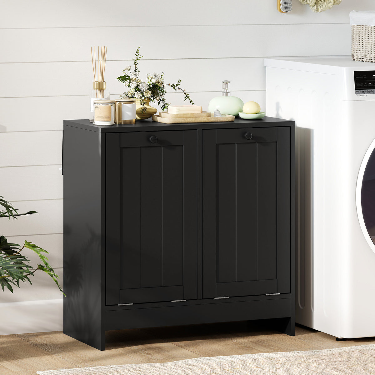 Tilt-Out Laundry Storage Cabinet, Modern Laundry Hamper with 2 Compartments for Bathroom Washroom, White