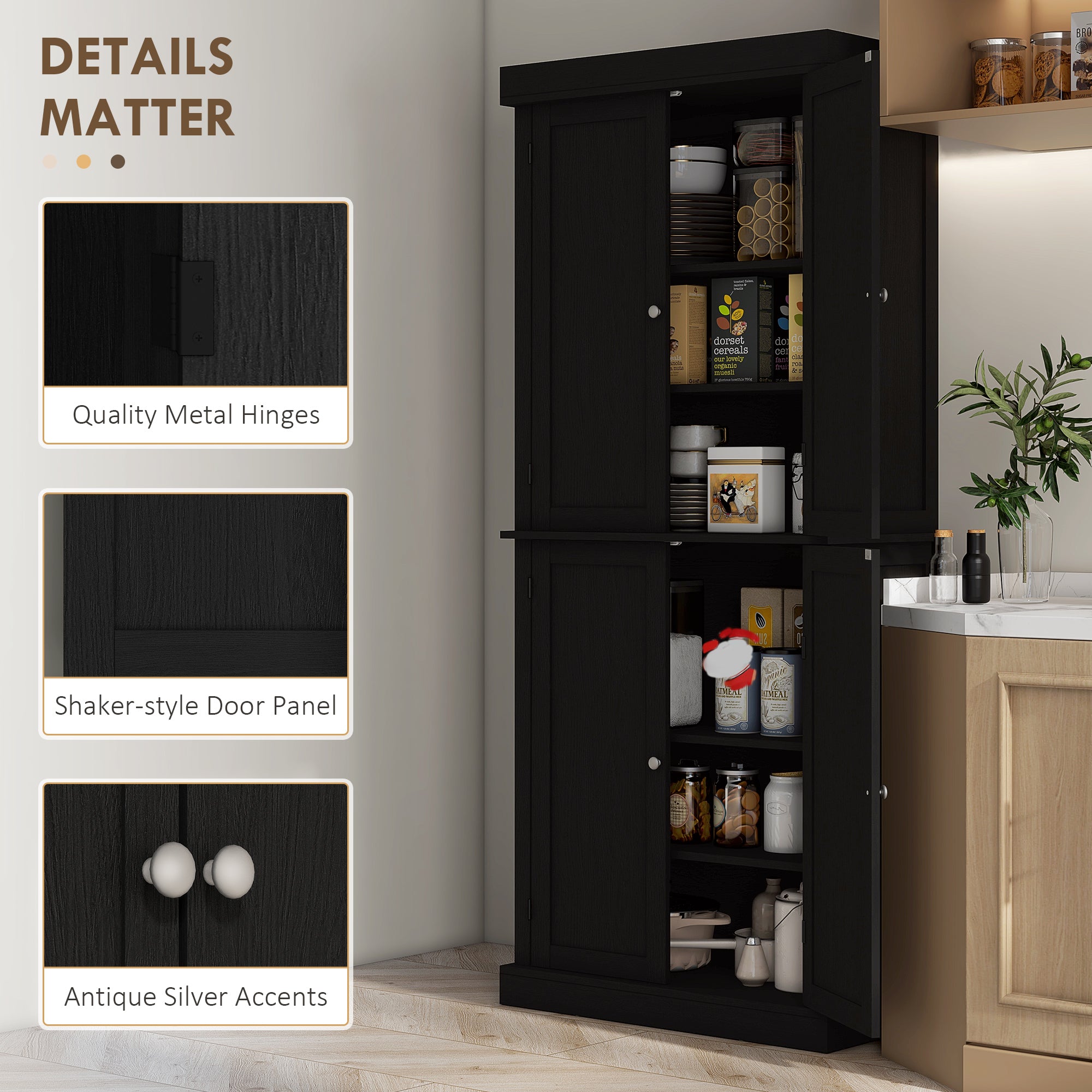 72.5" Freestanding Kitchen Pantry Cabinet with 4 Doors, Black