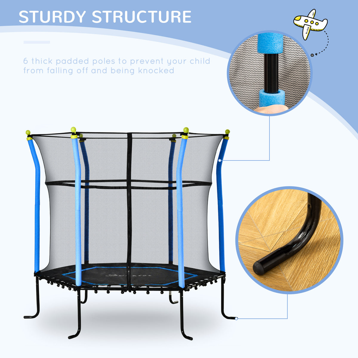 Soozier 63" Kids Trampoline Mini Indoor Bouncer Jumper with Enclosure Net Elastic Thick Padded Pole Gift for Child Toddler Age 3-6 Years Old Blue
