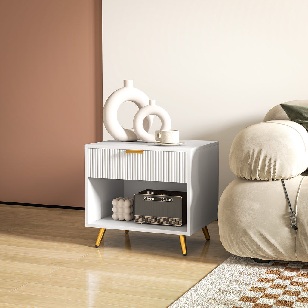 Nightstand with Fluted Panel, Bedside Table with Drawer and Open Compartment, Modern Night Table for Bedroom, Black