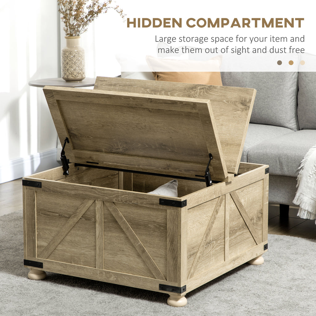 Farmhouse Coffee Table, Square Center Table with Flip-top Lids, Hidden Storage Compartment and Wooden Legs, Oak