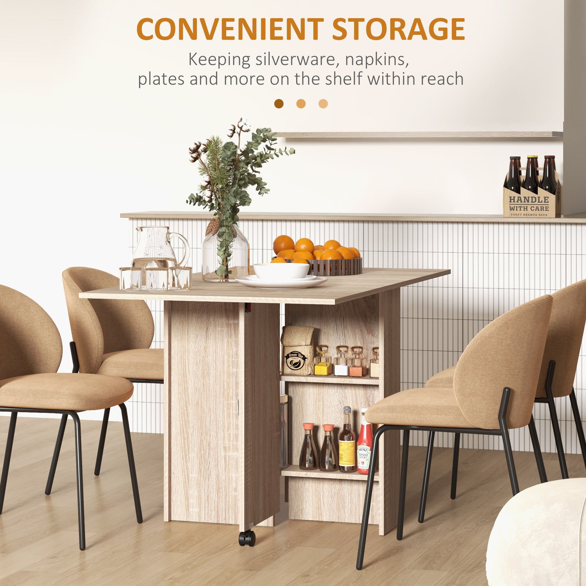 Extendable Dining Table, Collapsible Folding Table w/ 2-tier Shelves and Rolling Casters, Nature Wood