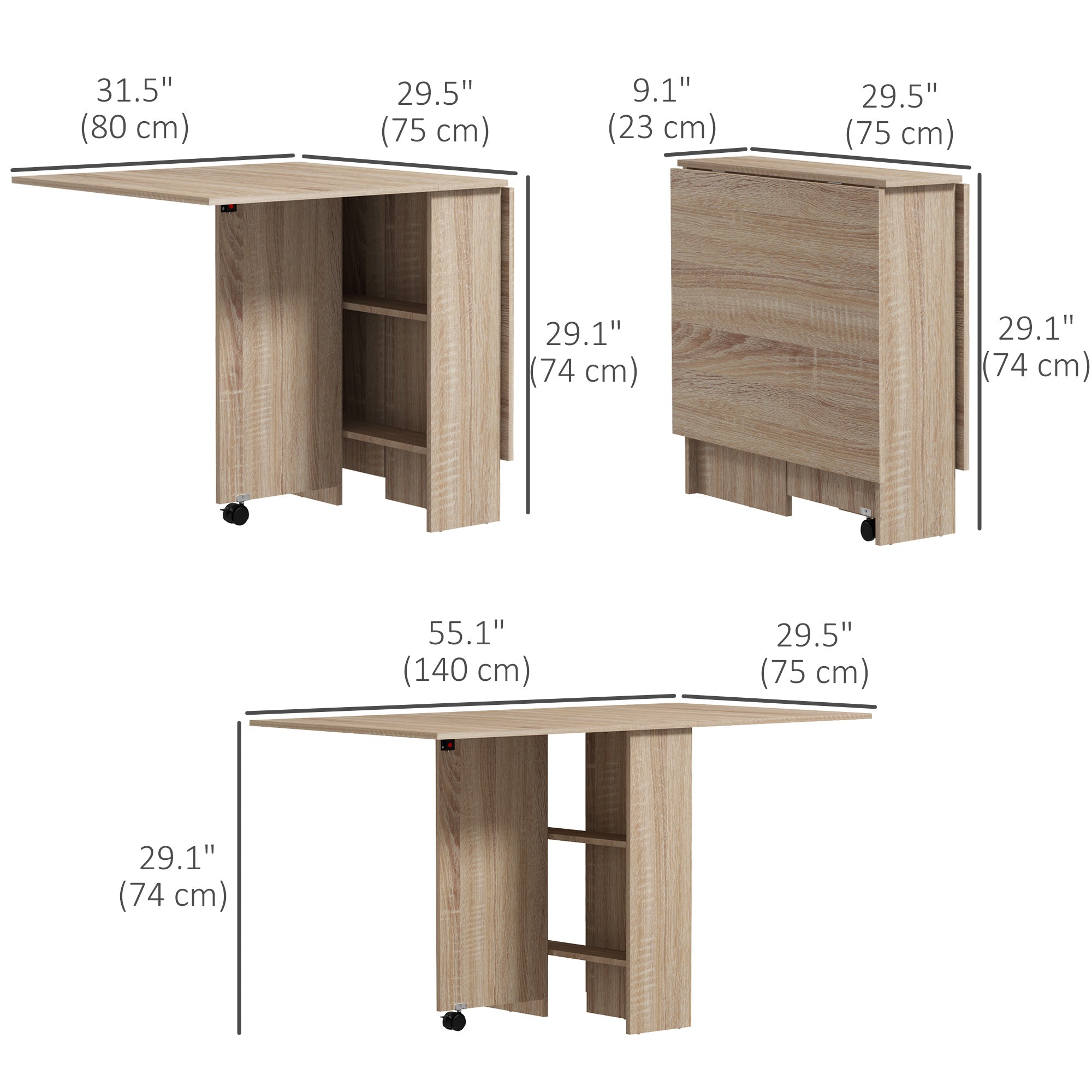 Extendable Dining Table, Collapsible Folding Table w/ 2-tier Shelves and Rolling Casters, Nature Wood