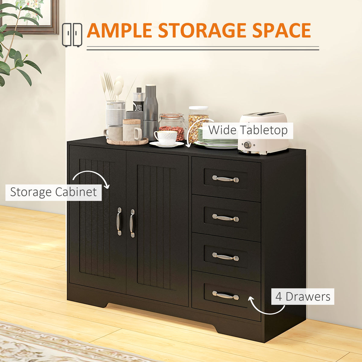 Modern Sideboard Buffet Cabinet with 4 Drawers and 2 Beadboard Doors, Kitchen Storage Cabinet, Black