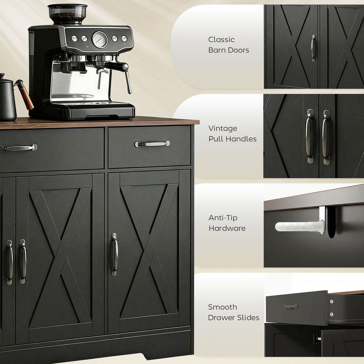 Sideboard Buffet Cabinet, 55" Farmhouse Kitchen Cabinet with 4 Barn Doors, 3 Drawers, 3 Adjustable Shelves, White