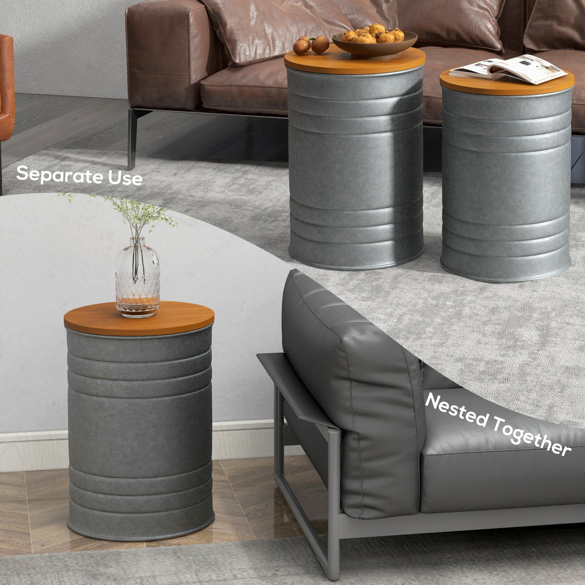 Round Side Table Set of 2, Nesting Coffee Tables w/ Wooden Lid, Galvanized Sheet Frame and Hidden Storage Space, Grey