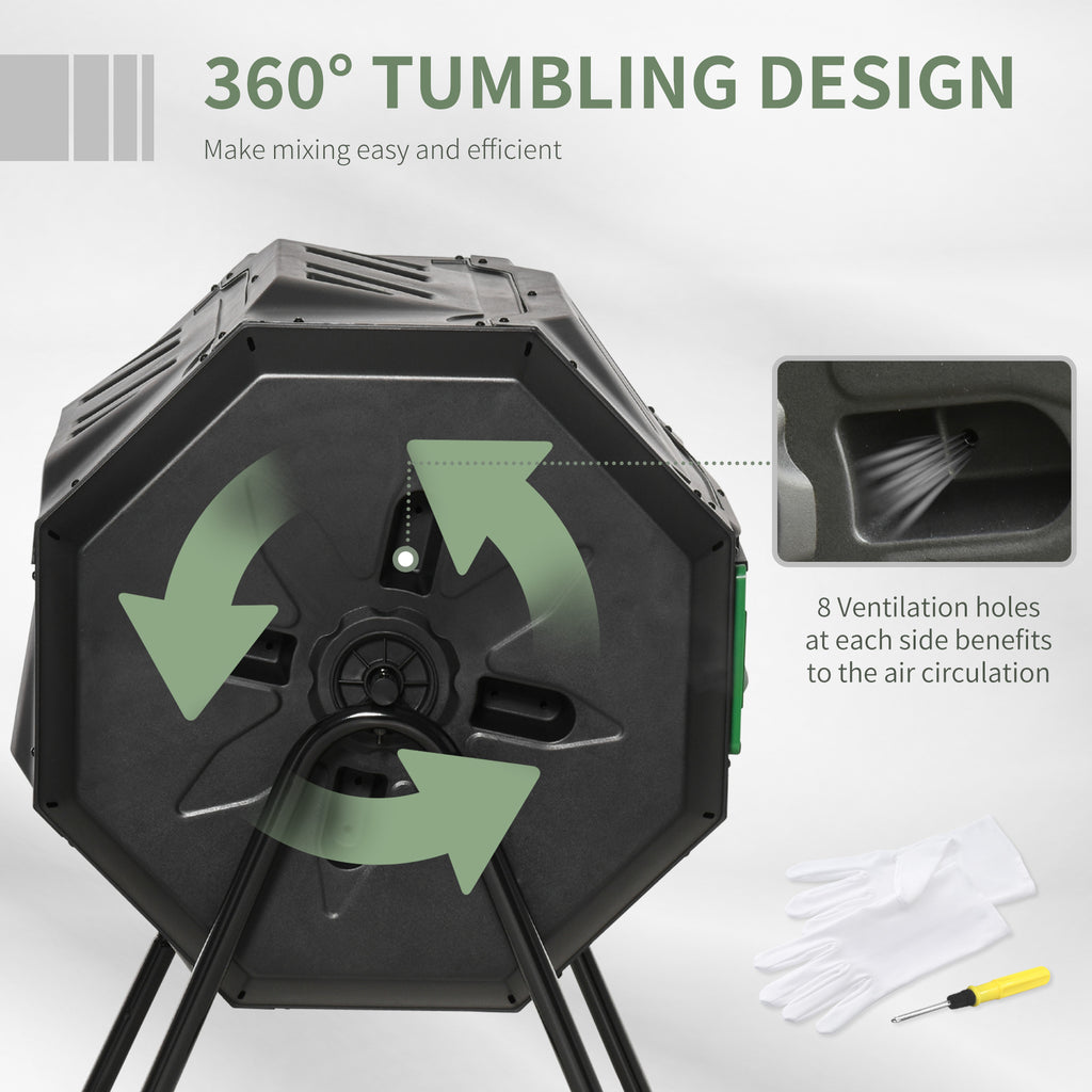 Tumbling Compost Bin Outdoor Dual Chamber 360° Rotating Composter 43 Gallon w/ Sliding Doors & Solid Steel Frame, Green