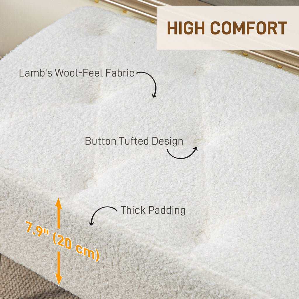 44" Lamb's Wool-Feel Upholstered Bedroom Bench, End of Bed Bench with Thick Padded Cushion and Steel Legs, Cream White
