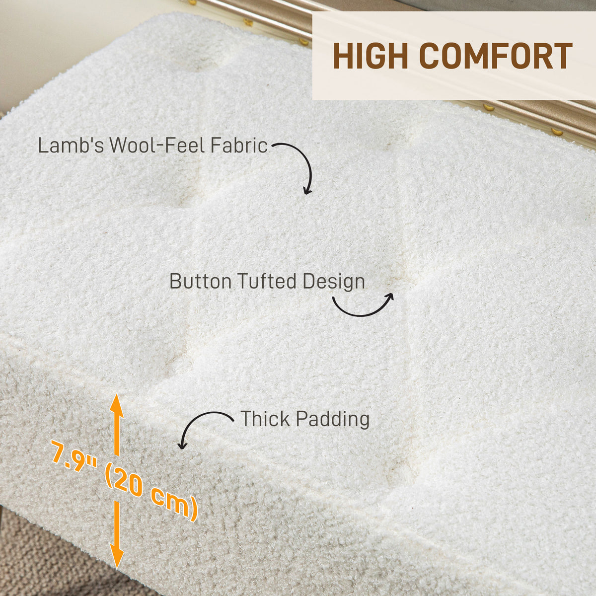 44" Lamb's Wool-Feel Upholstered Bedroom Bench, End of Bed Bench with Thick Padded Cushion and Steel Legs, Cream White