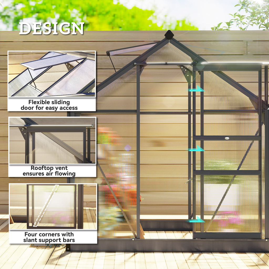 Greenhouse Garden, Green House, Outdoor Greenhouse Kit, PC Board with Sliding Door, 6.2' x 8.3' x 6.6', Grey