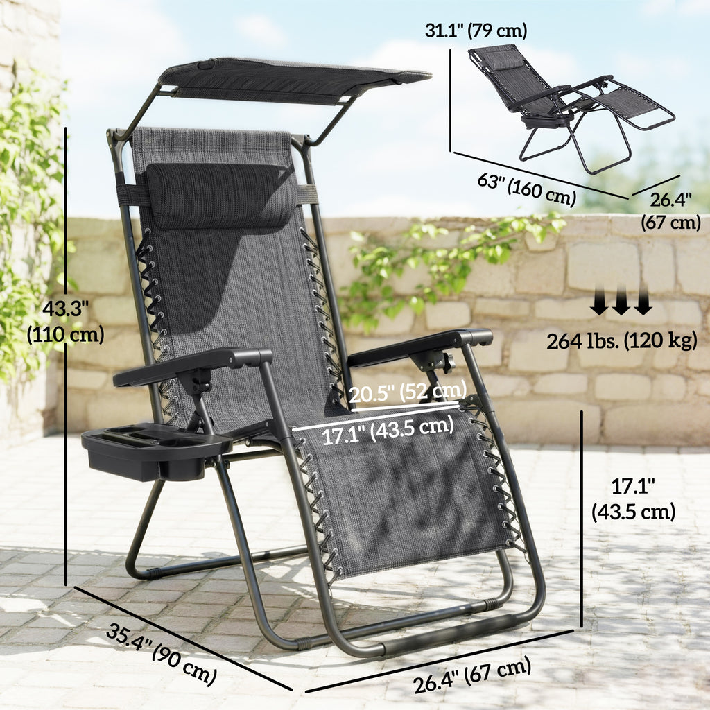 Zero Gravity Chair Set of 2 with Canopy Shade, Outdoor Folding Lounge Chair with Side Tray, Cup Holder, Reclining Lounger with Breathable Mesh Seat and Pillow, Dark Grey