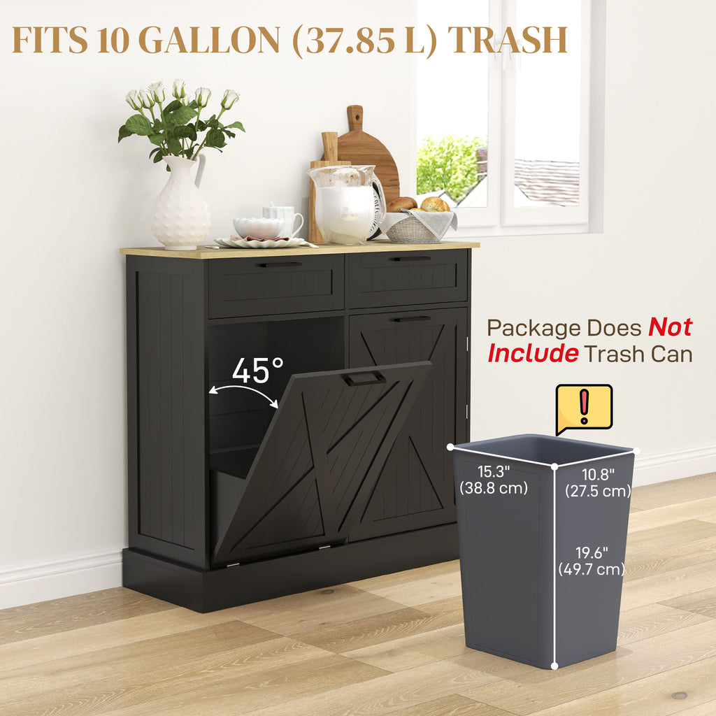 10 Gallon Hidden Garbage Bin Cabinet, Tilt Out Trash Cabinet w/ 2 Drawers, Freestanding Kitchen Island, Black