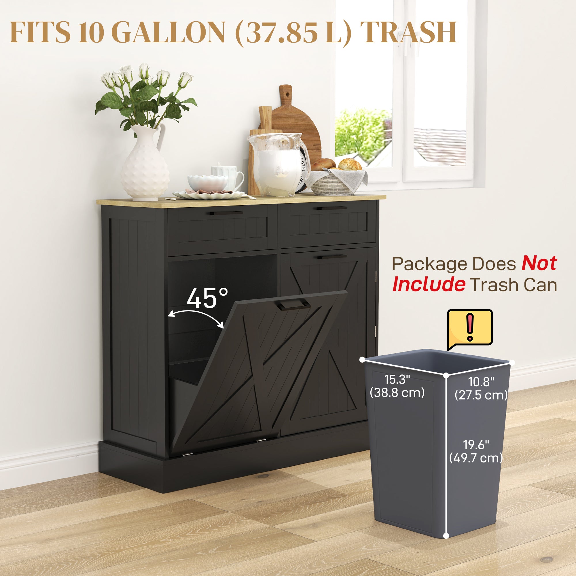 10 Gallon Hidden Garbage Bin Cabinet, Tilt Out Trash Cabinet w/ 2 Drawers, Freestanding Kitchen Island, Black