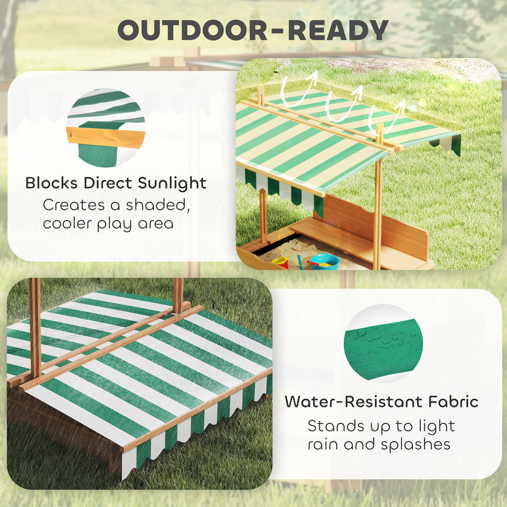 Wooden Kids Sandbox with Cover, Sand Play Station with Foldable Bench Seats and Adjustable Canopy, Light Brown