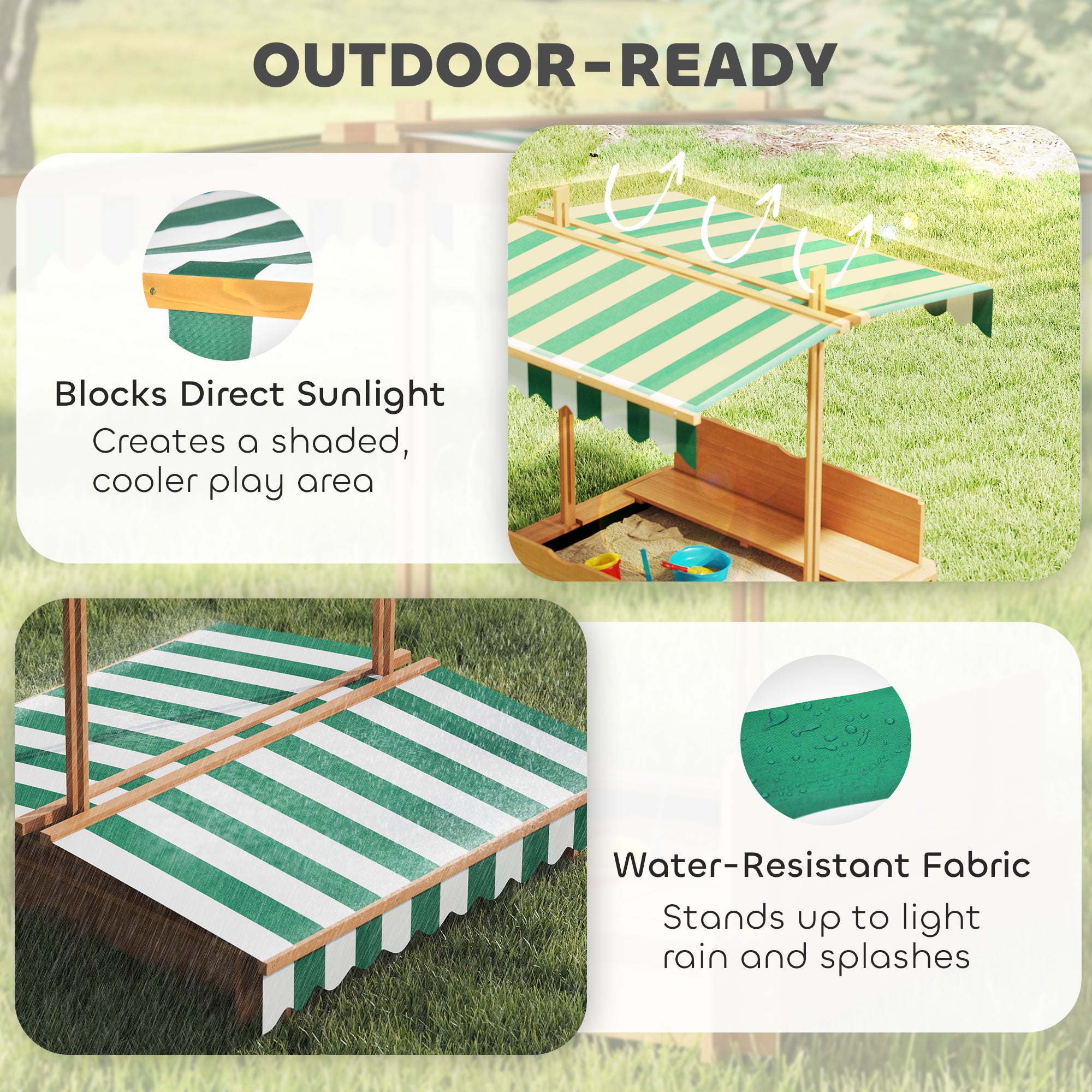 Wooden Kids Sandbox with Cover, Sand Play Station with Foldable Bench Seats and Adjustable Canopy, Light Brown