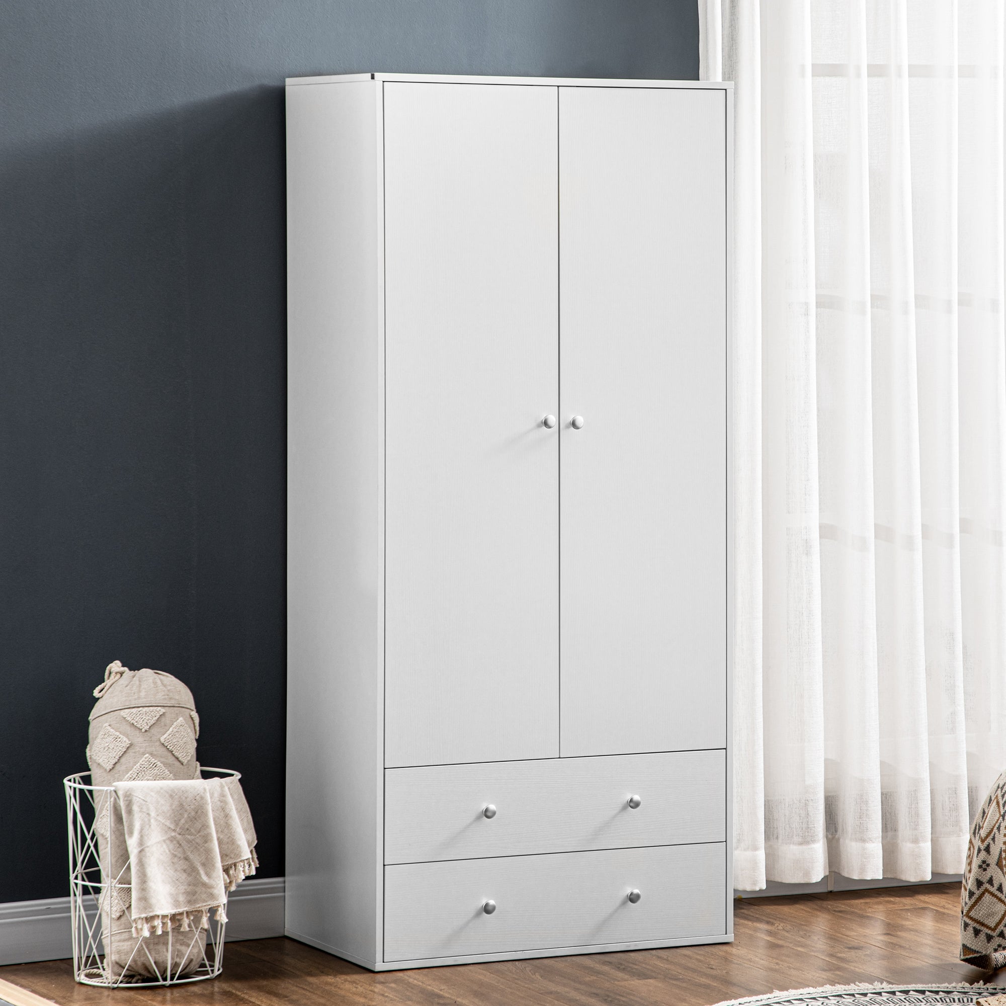 Armoire Wardrobe Closet with 2 Drawers, 71" Tall Wardrobe Cabinet with Hanging Rod, 2 Door Bedroom Armoires, Modern Clothing Storage Cabinet for Bedroom, White