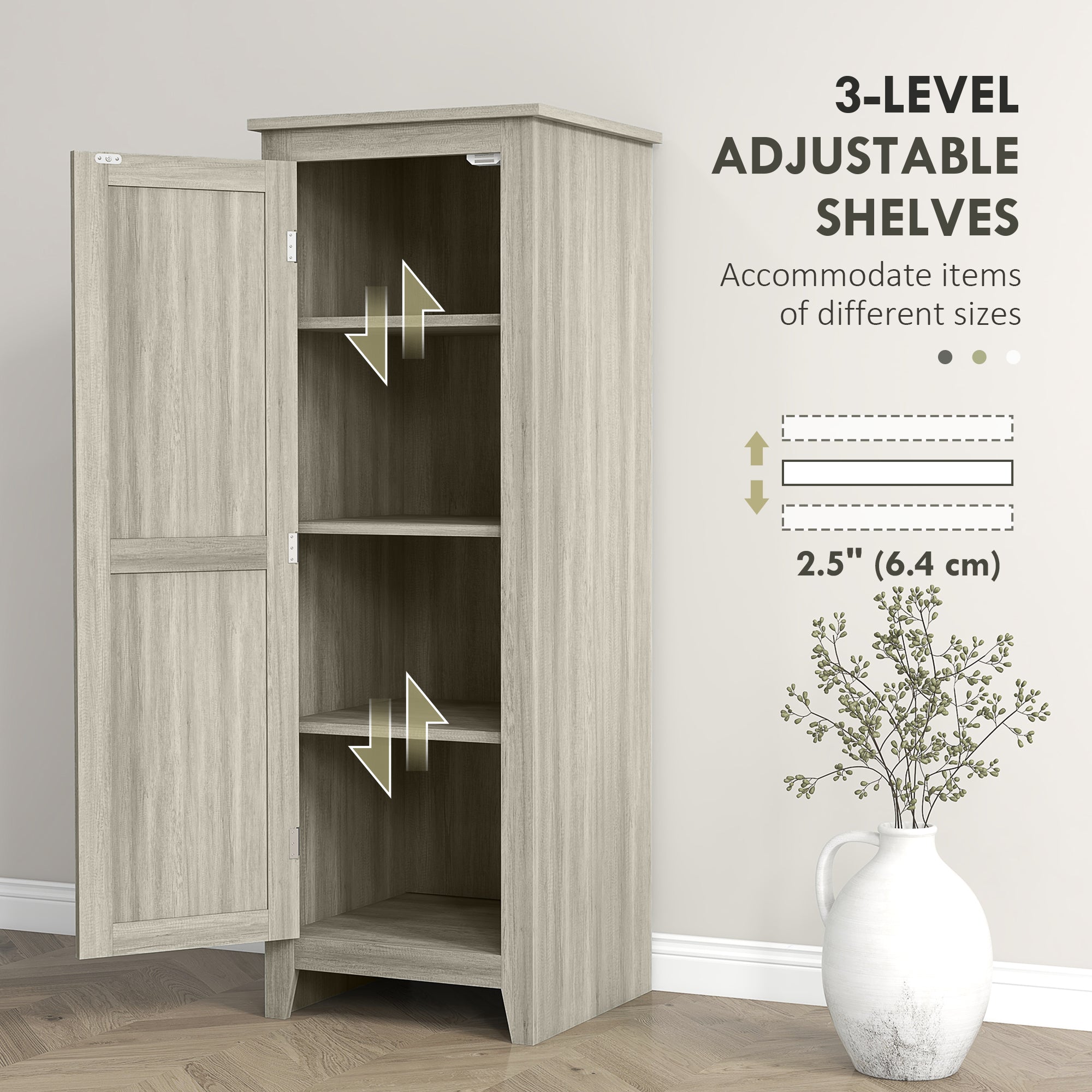 48" Kitchen Pantry Storage Cabinet w/ Barn Door, Kitchen Pantry Cabinet w/ Adjustable Shelves, Grey Wood Grain