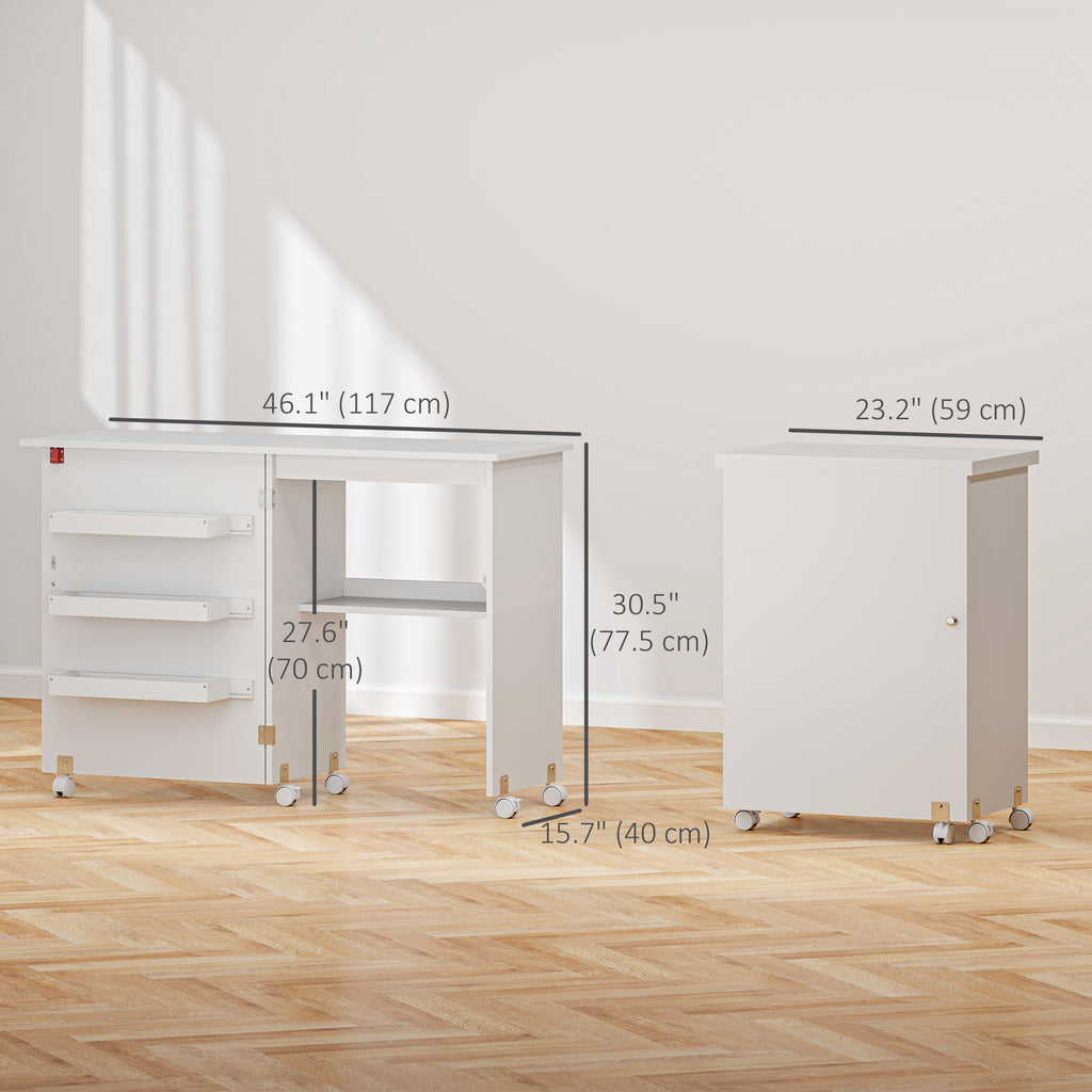 Sewing Machine Cabinet, Folding Sewing Table with Storage Shelf, Bins and Lockable Wheels for Small Space, White