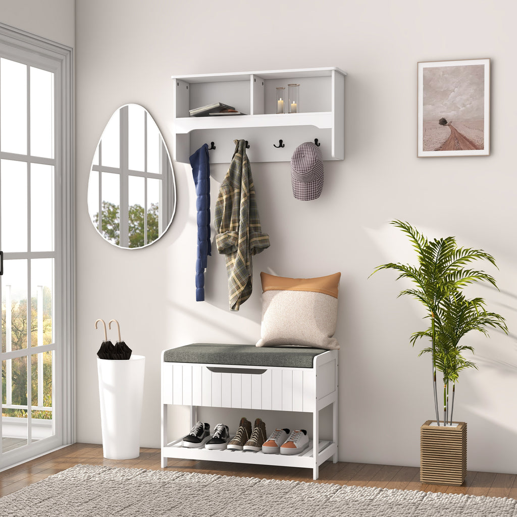 Wall Mounted Coat Rack with Shoe Storage Bench, Hall Tree and Bench, Clothes Hanger Rack with Shelves for Hallway White