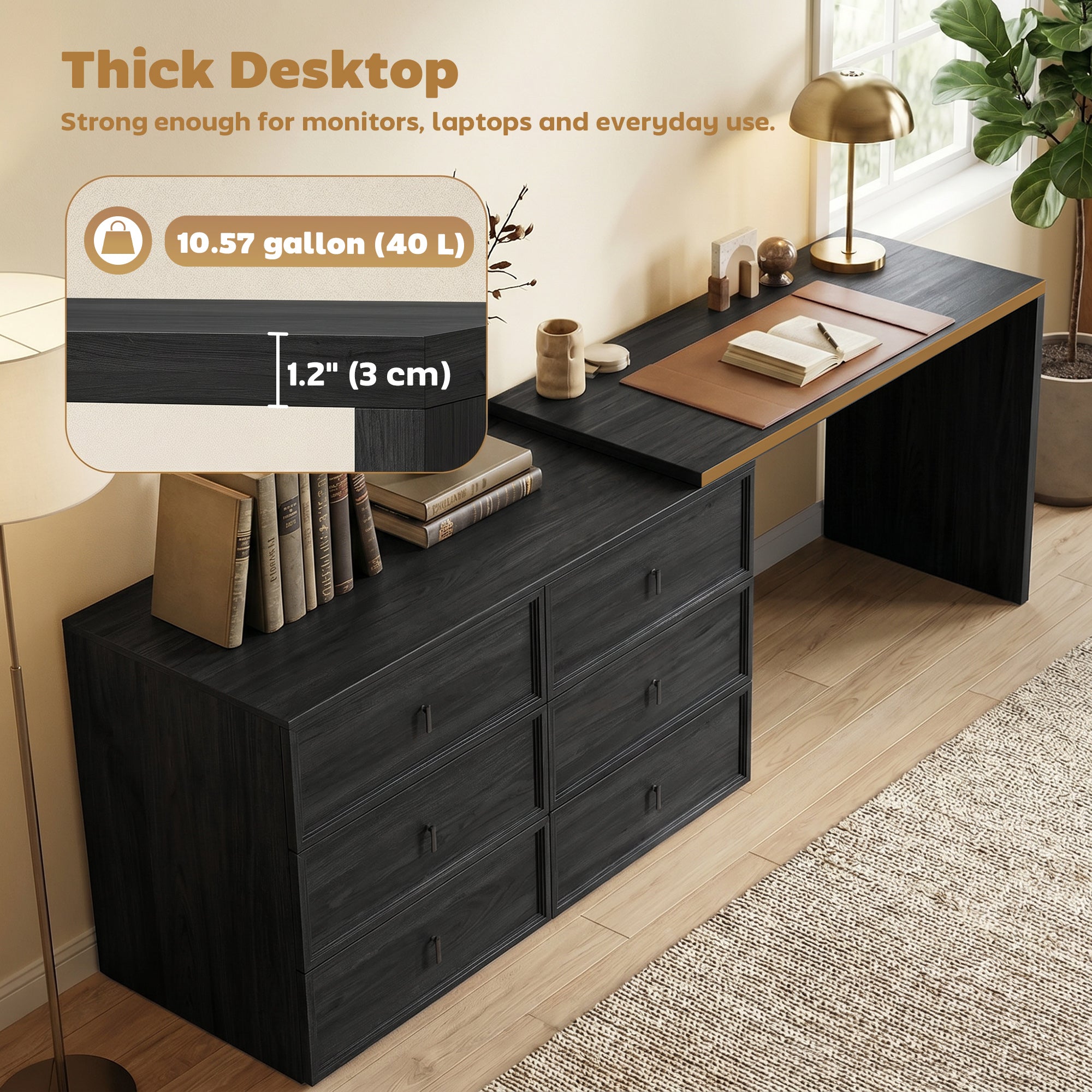 L Shaped Computer Desk Home Office Desk with 6 Drawers Black Wood Grain