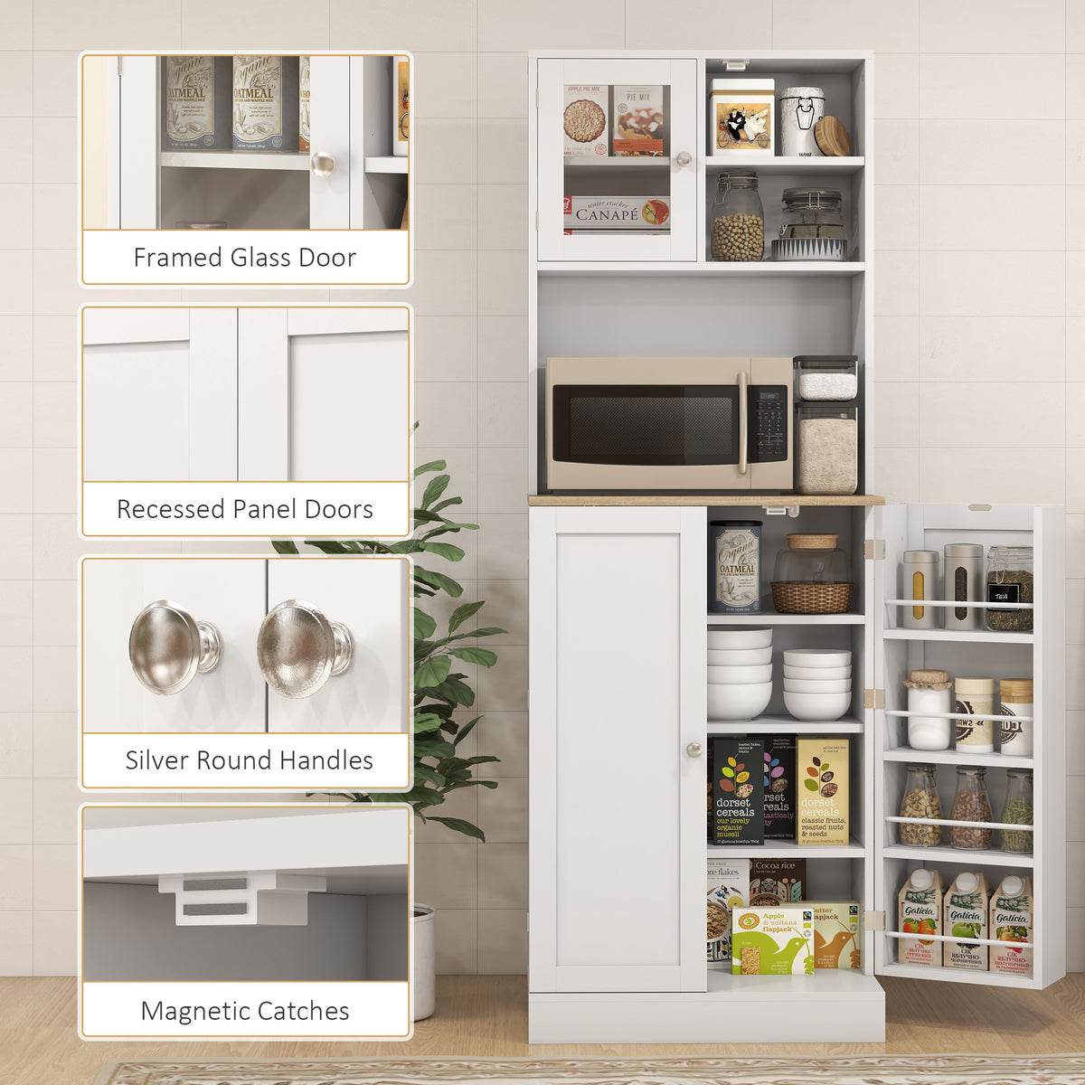 66.5" Tall Kitchen Pantry Cabinet, Kitchen Hutch, Microwave Cabinet with Adjustable Shelves for Dining Room, White