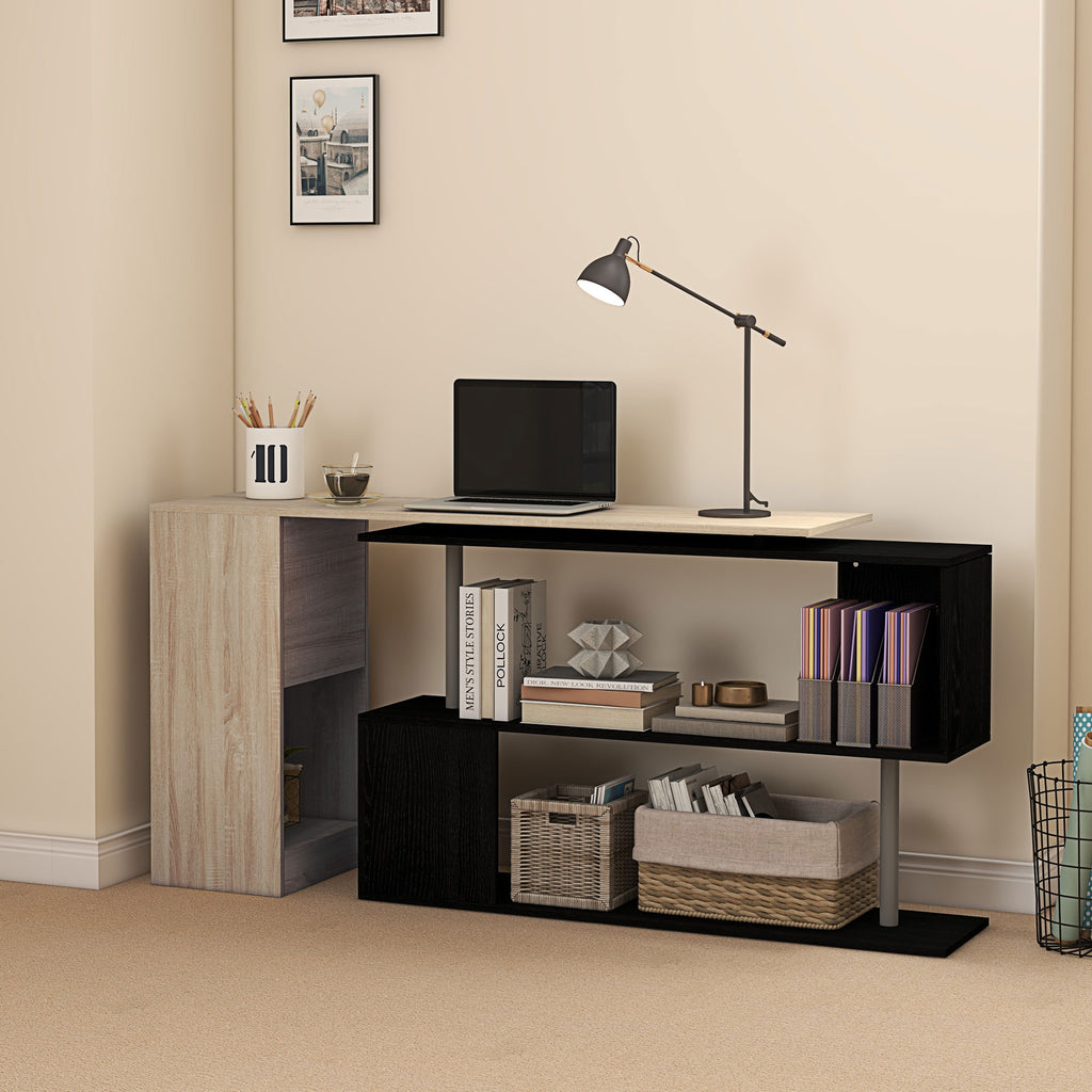 55" Corner Computer Desk, 360° Rotating L-Shaped Desk, Home Office Workstation with 3-Tier Shelves, Bookshelf, White