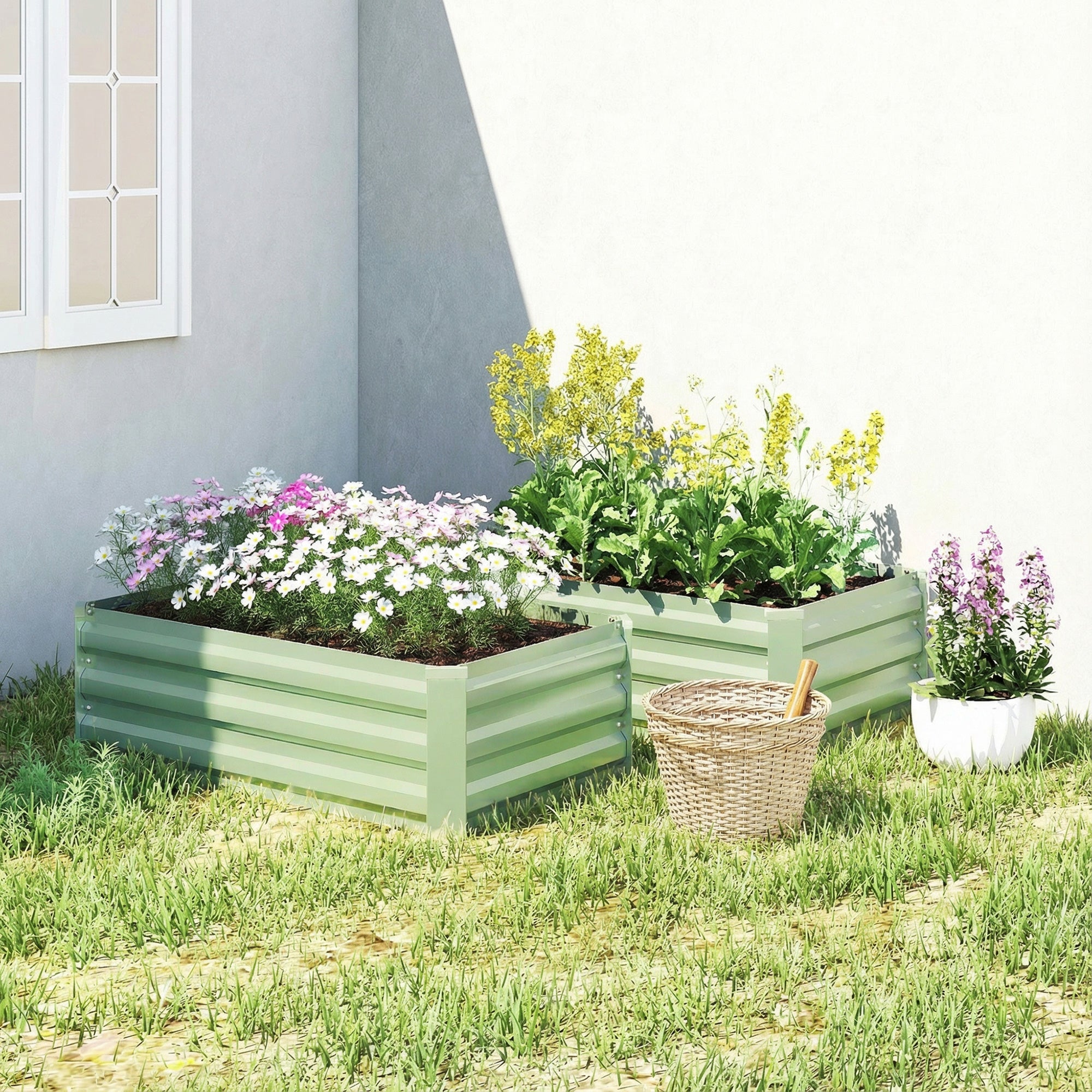 Set of 2 Galvanized Raised Beds for Garden, Outdoor Planter Box for Flowers, Herbs and Vegetables, Light Grey