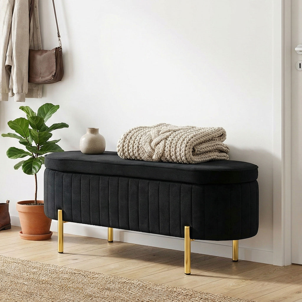 Upholstered Bedroom Bench, Channel Tufted Ottoman Bench with Thick Padding and Metal Legs, Grey