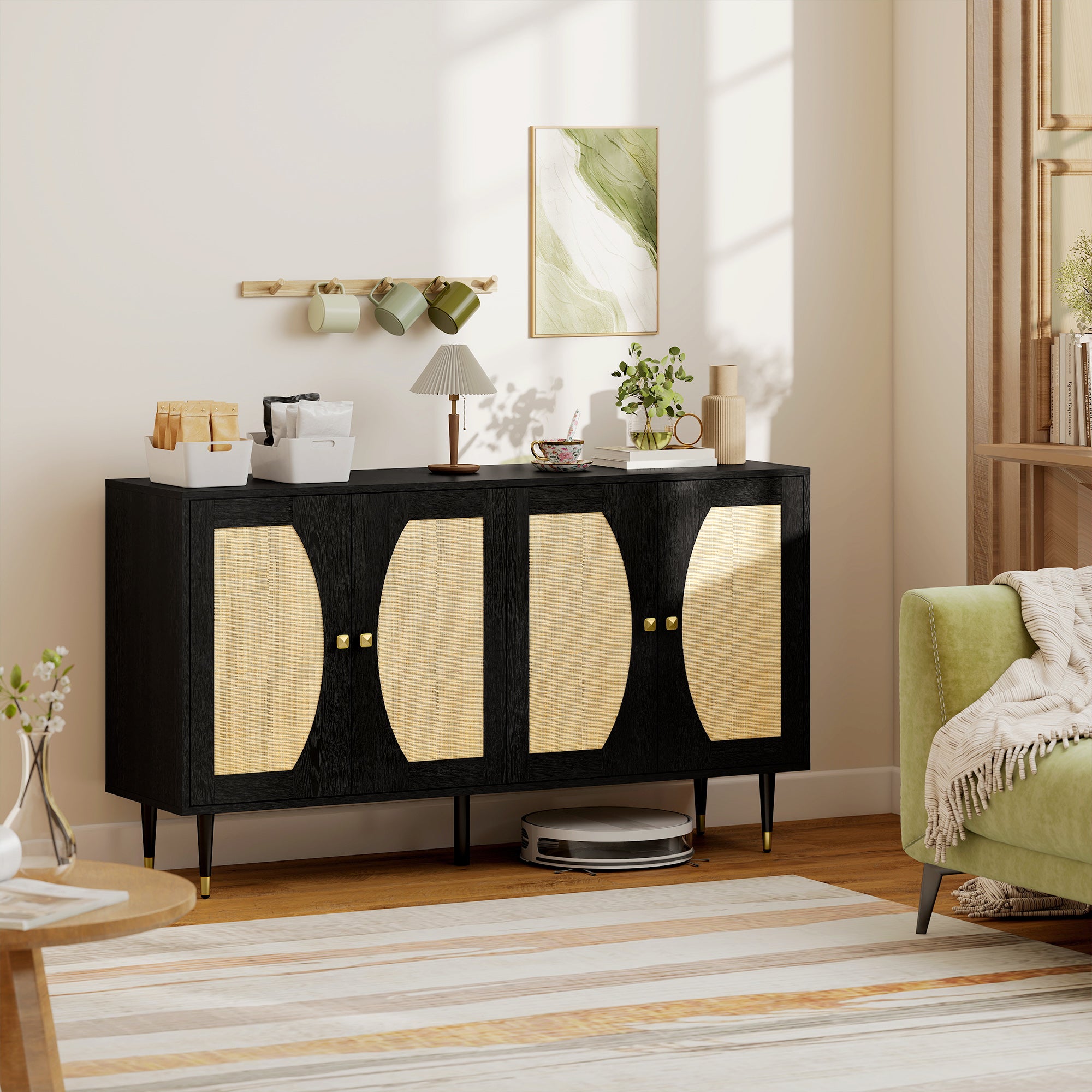 55" Sideboard Buffet Cabinet, Boho Storage Cabinet with Adjustable Shelves, Soft Close Doors and Rattan Front, Black
