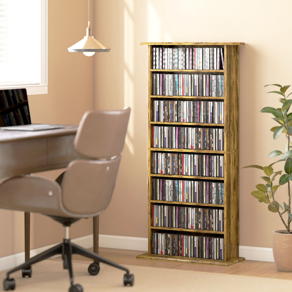 8-Tier DVD Shelf with 6 Adjustable Shelves, Slim CD Shelf, Holds 360 CDs, 185 DVDs or 185 Blu-rays, Rustic Brown