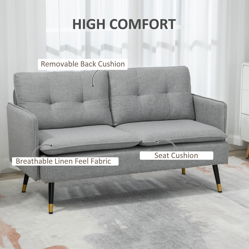 55" Loveseat Sofa, Linen Love Seat w/ S spring, Steel Legs and Button Tufting, Small Couch for Living Room, Grey