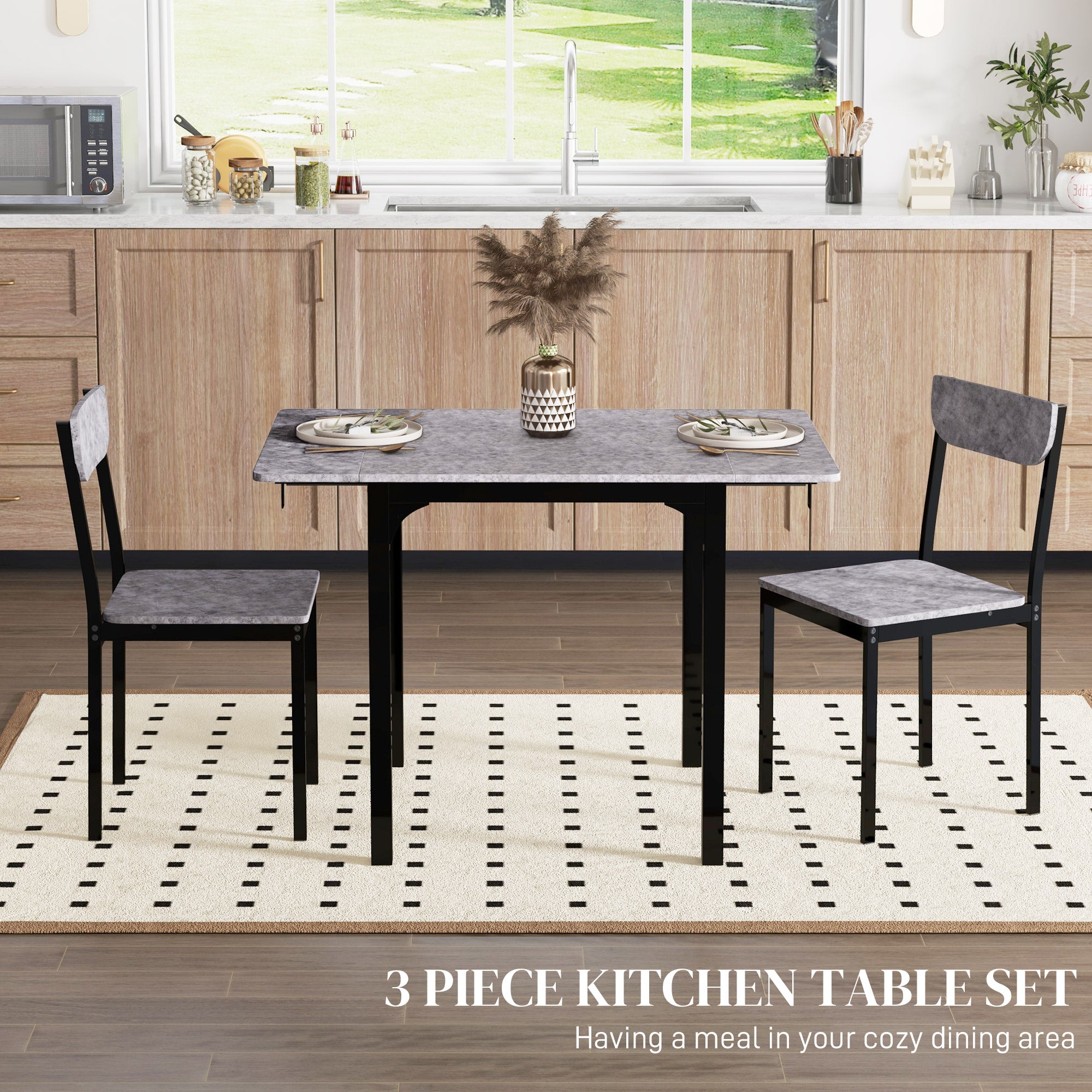 Foldable Dining Table Set for 2, Drop-Leaf Kitchen Table with 2 Chairs for Apartments, Studios, Natural Drop-leaf Dining Table Set Includes 2 Chairs