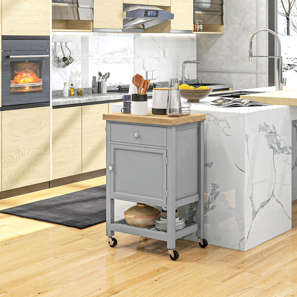 Kitchen Cart on Wheels, Rolling Kitchen Island Cart with Wood Top, Towel Rack, Drawer and Shelf for Dining Area, White