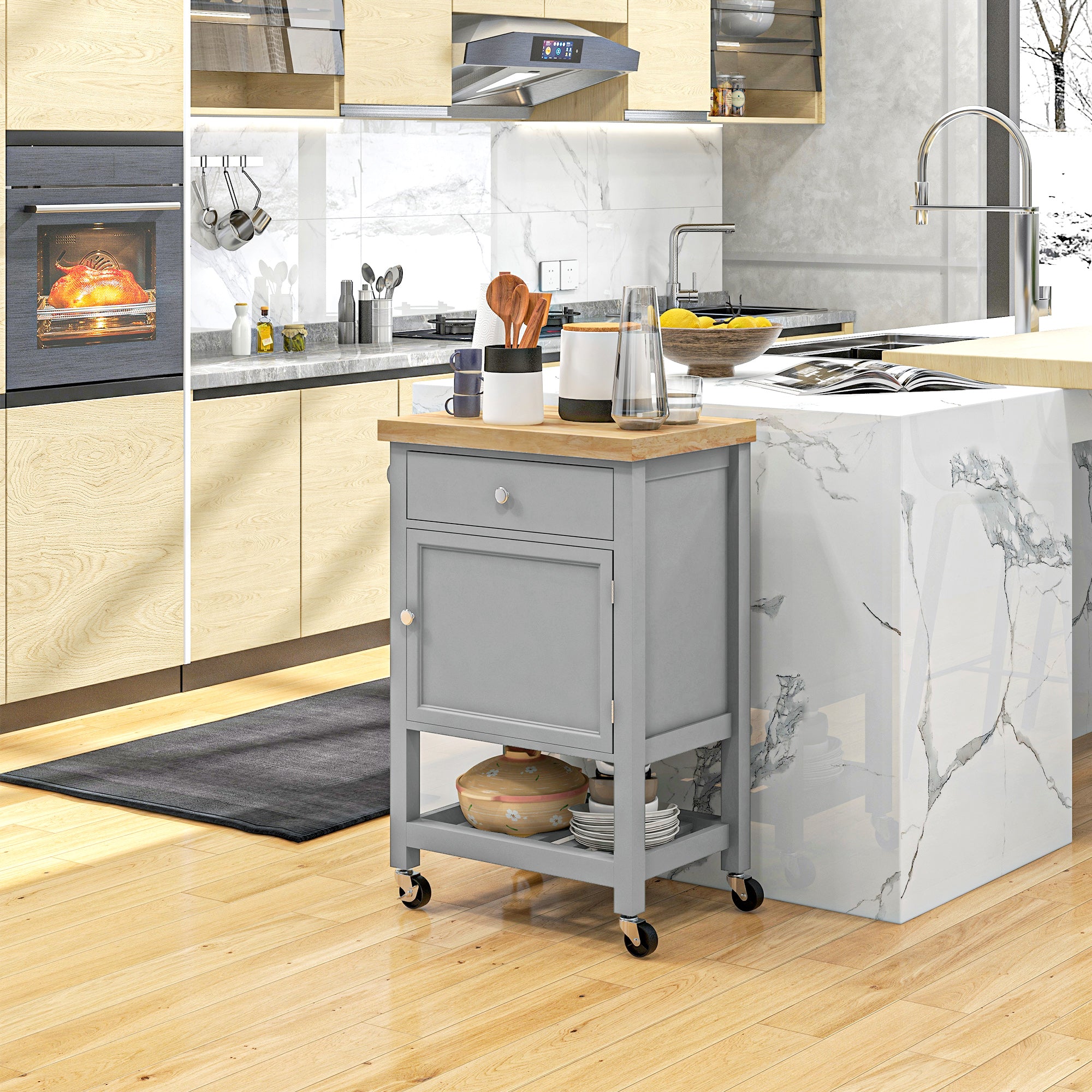 Kitchen Cart on Wheels, Rolling Kitchen Island Cart with Wood Top, Towel Rack, Drawer and Shelf for Dining Area, White