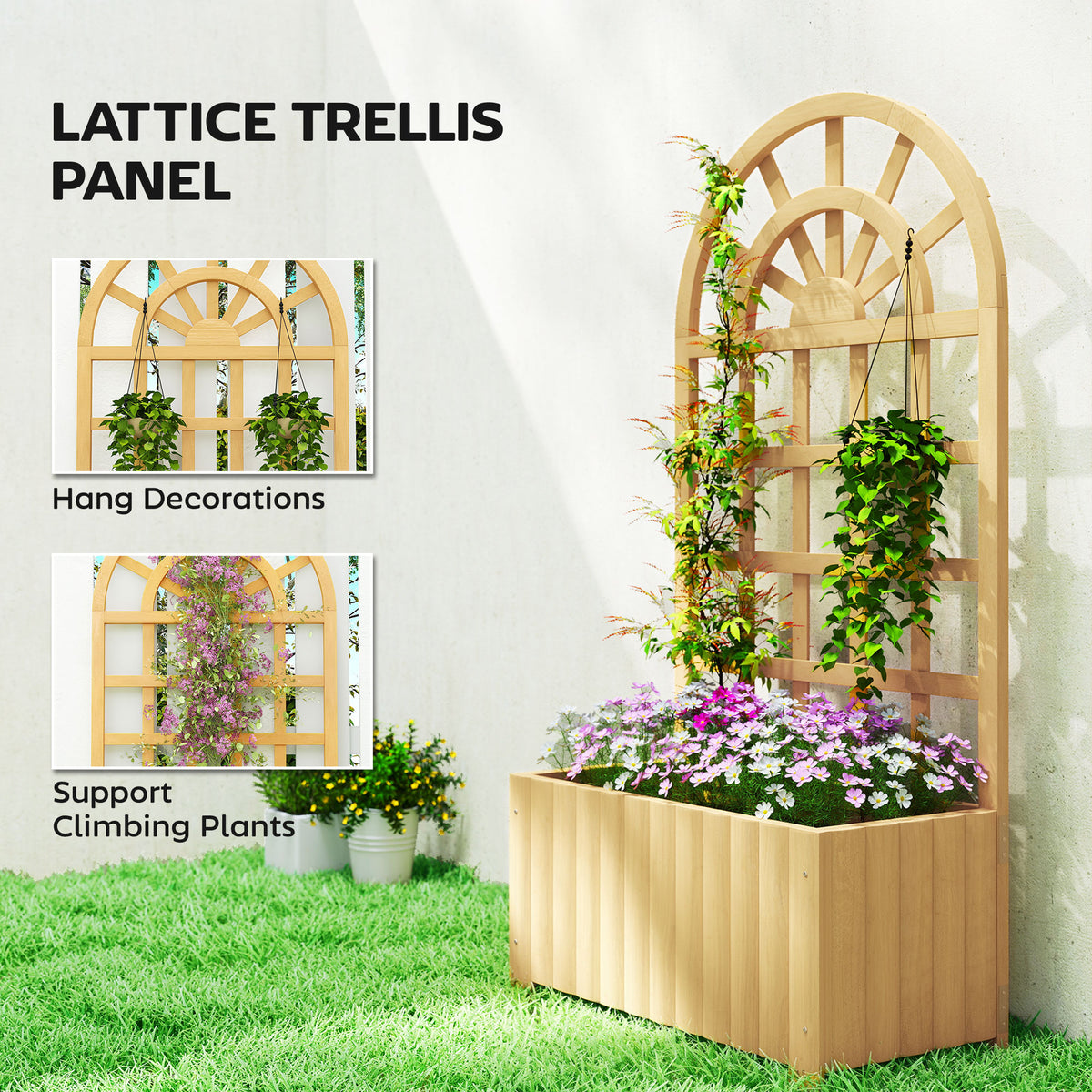 Wooden Raised Garden Bed with Lattice Trellis, Outdoor Elevated Planter Box with Drainage Holes for Climbing Plants