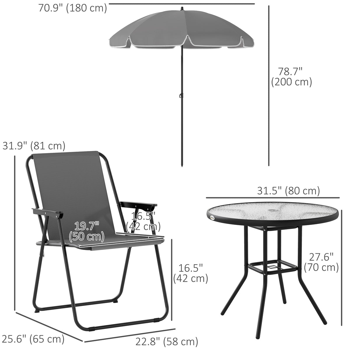 6 Pieces Patio Dining Set with Umbrella, Patio Furniture Set with Folding Chairs, Glass Table for Garden Backyard, Grey