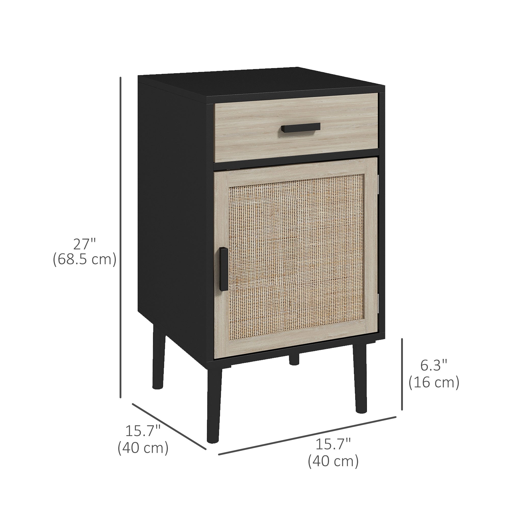 Boho Bedside Tables Set of 2, Nightstands with Drawer, Rattan Cabinet, Adjustable Shelf for Bedroom, Living Room, Black