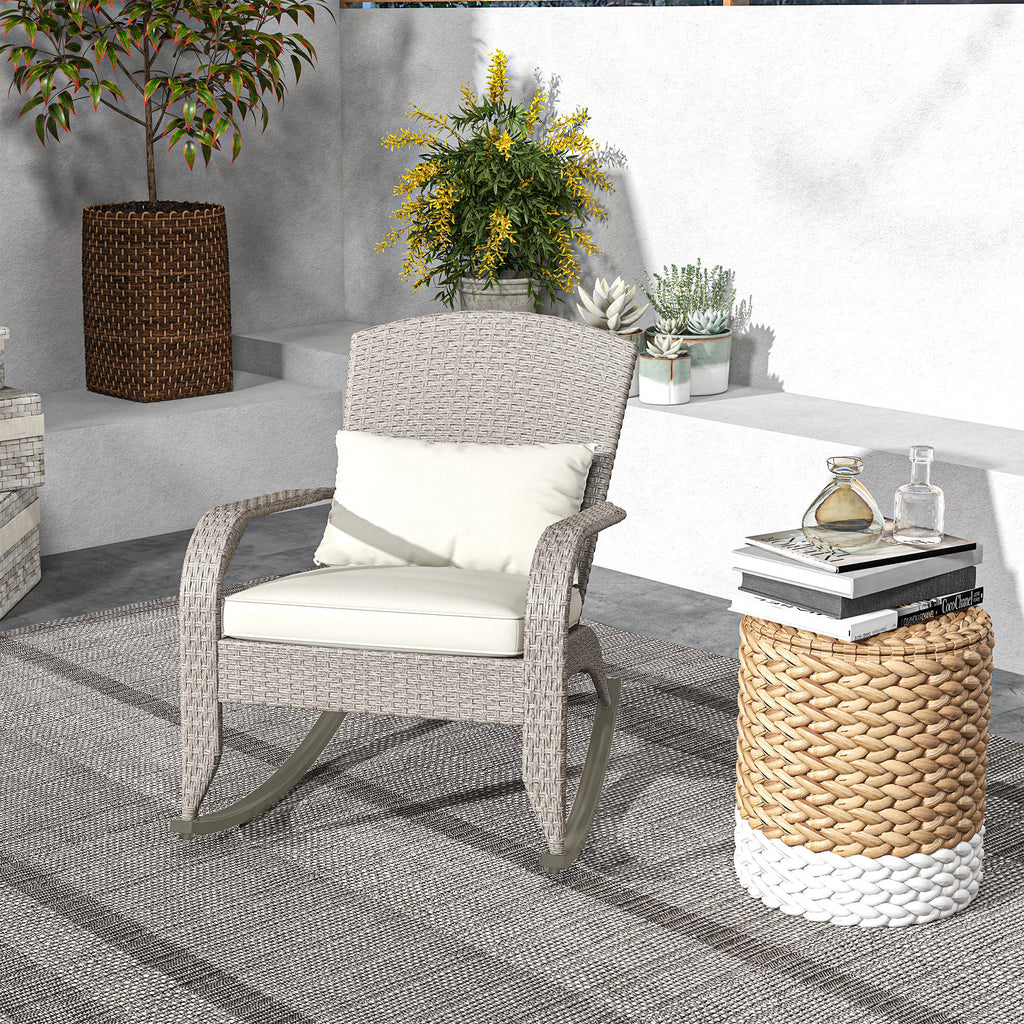 Adirondack Chair, Outdoor Wicker Rocking Chair with High Back, Seat Cushion and Pillow for Porch, Balcony, Cream White