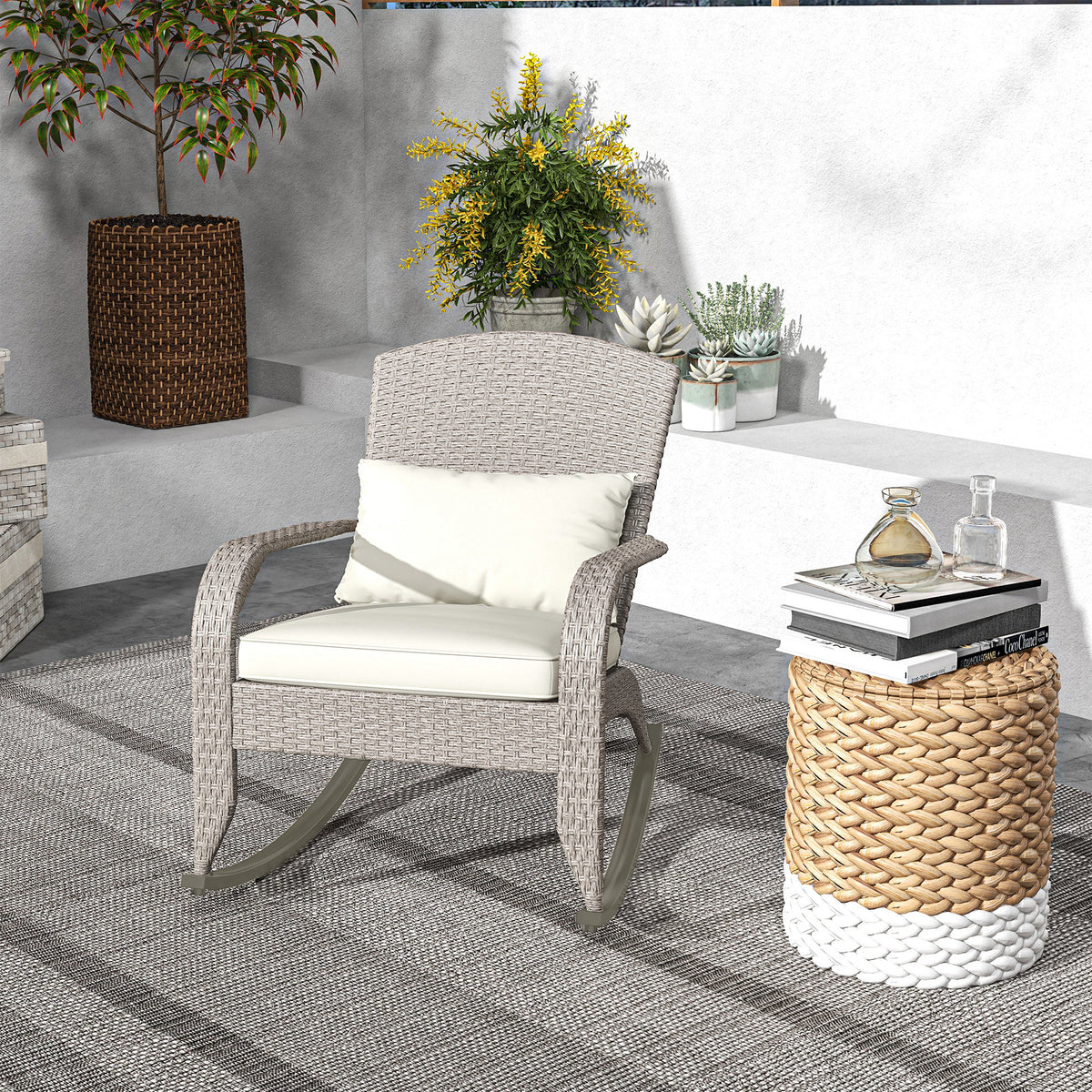 Adirondack Chair, Outdoor Wicker Rocking Chair with High Back, Seat Cushion and Pillow for Porch, Balcony, Cream White