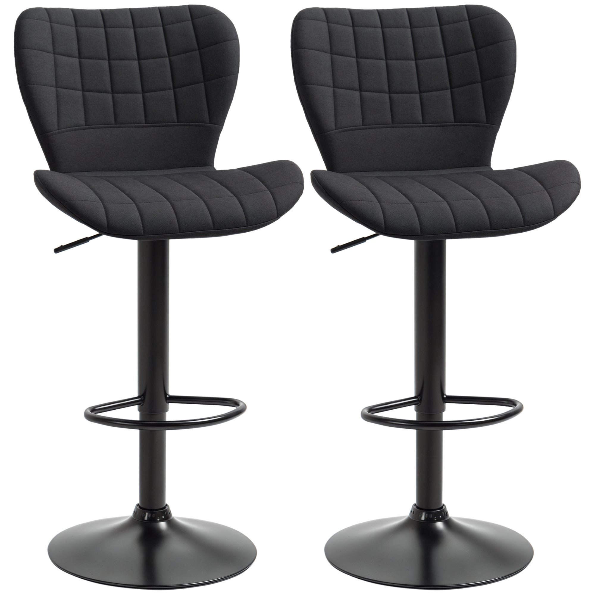 Bar Stools Set of 2, Adjustable Height Swivel Bar Chairs, Linen-feel Fabric Upholstered Kitchen Counter Stools with Wide Seat, Back and Footrest, Grey