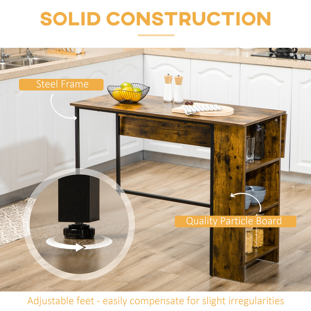 Counter Height Table with Drop Leaf, Extendable Bar Table with Adjustable Storage Shelf, Rustic Brown