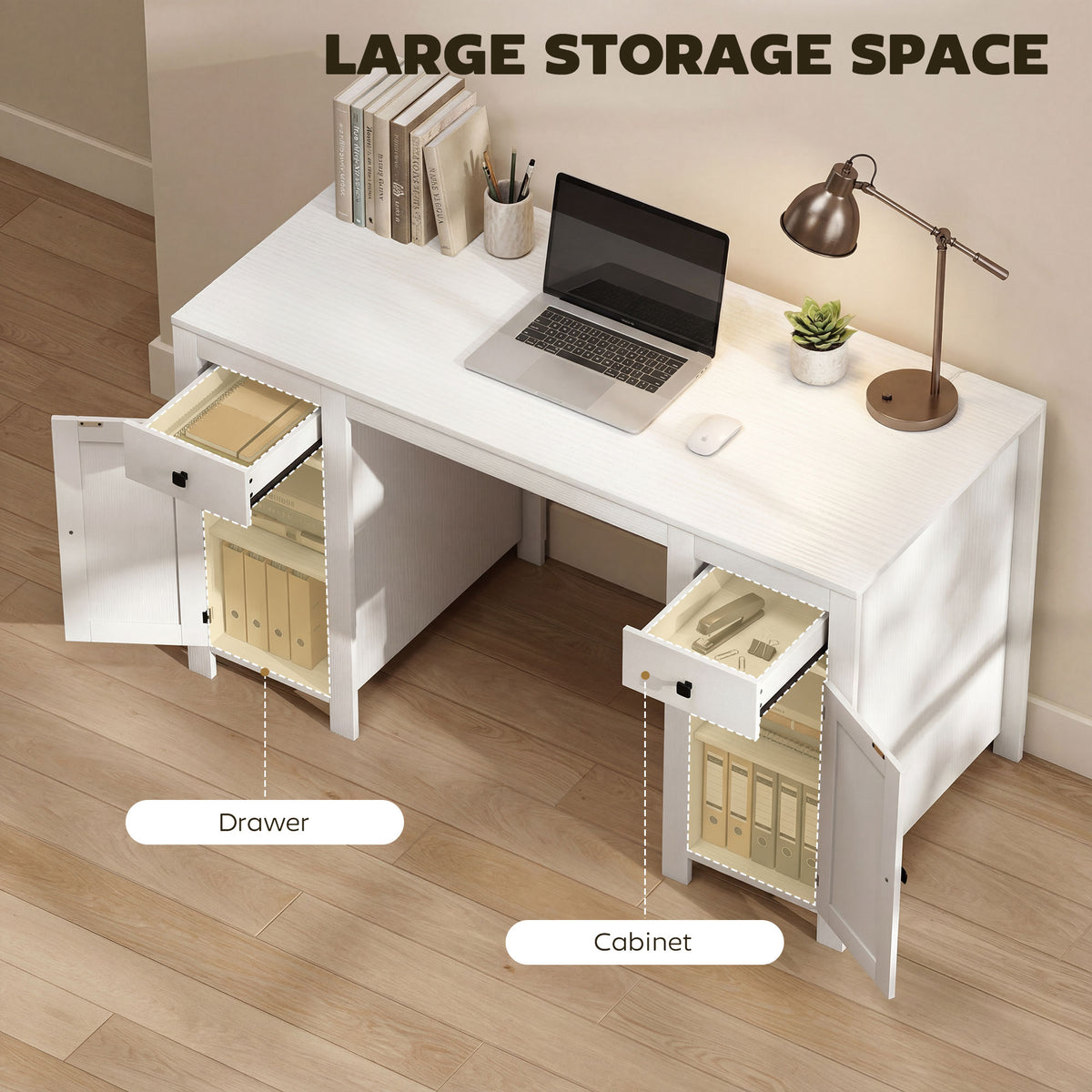 53" Farmhouse Executive Desk, Computer Desk with Drawers and 2 Cabinets, Study Table for Home Office, Black Wood Grain