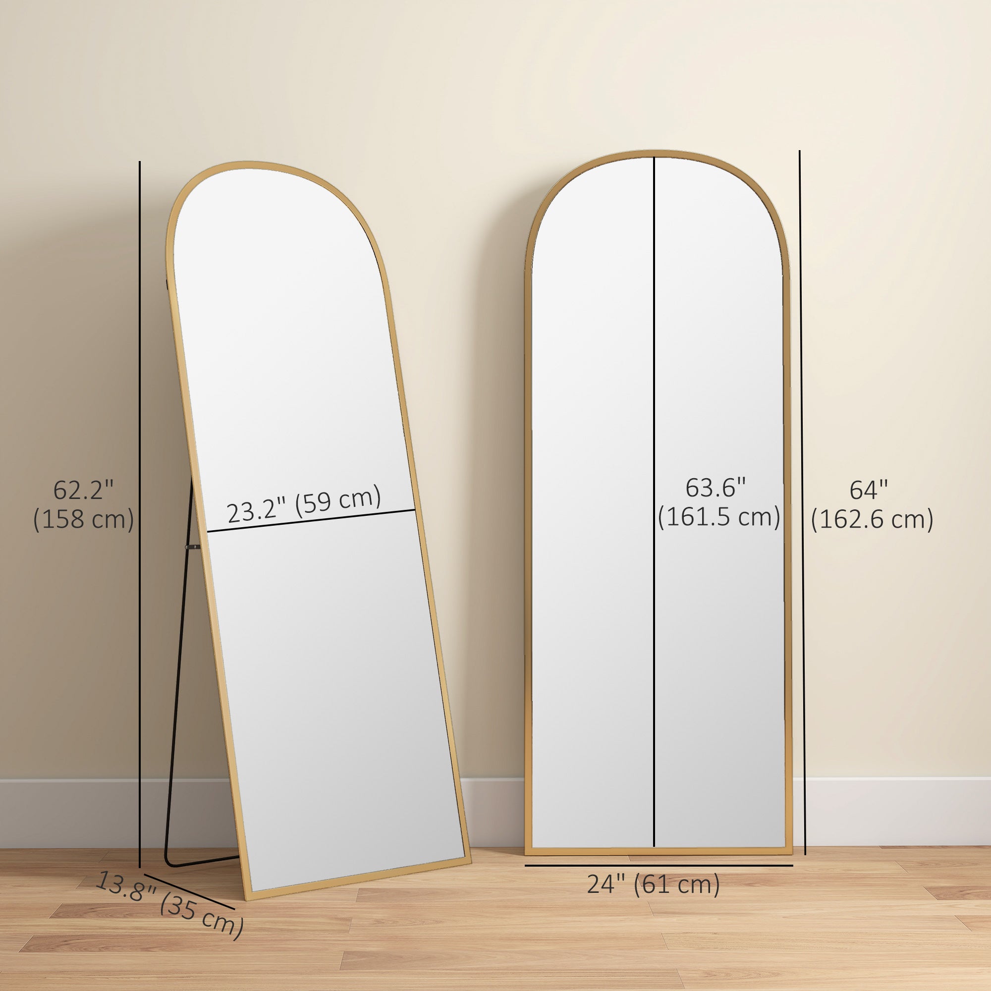 Arched Standing Mirror, 64" x 20" Full Length Mirror, Free Standing or Wall Mounted for Living Room, Bedroom, Gold