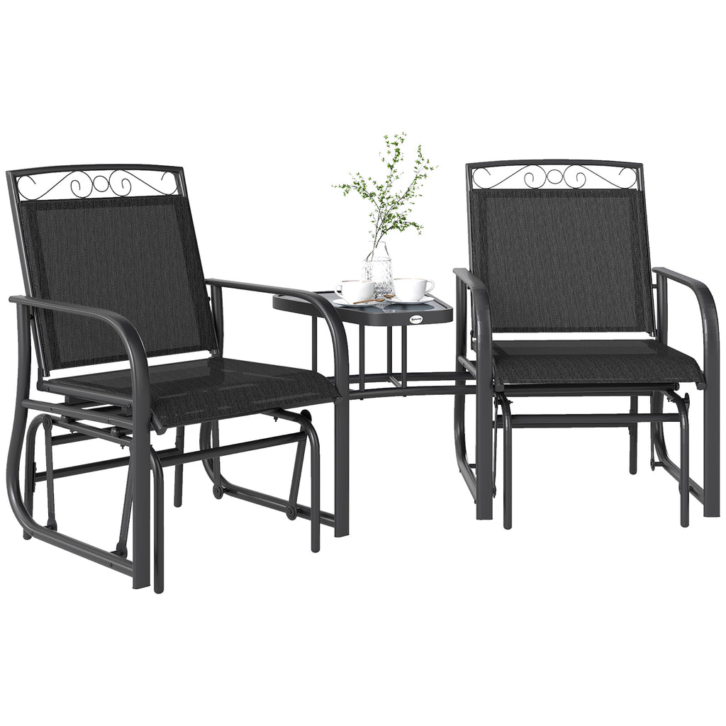 Outdoor Glider Bench with Coffee Table, Patio 2-Seat Rocking Chair Swing Loveseat with Breathable Sling for Backyard Garden Porch, Brown