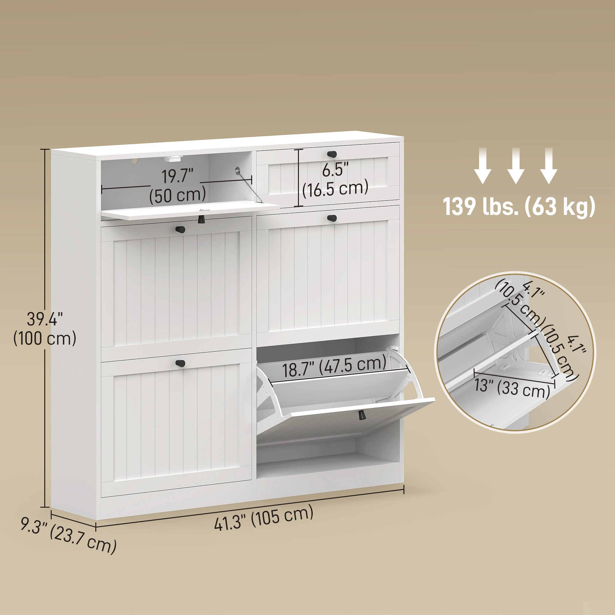 Shoe Cabinet with 2 Large Flip Drawers, Farmhouse Narrow Shoe Storage Cabinet with 2 Top Compartments, White