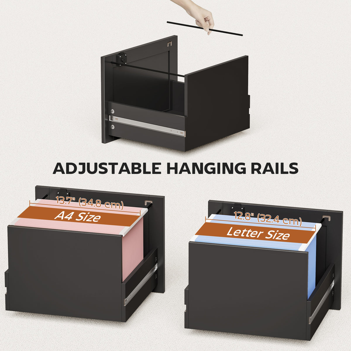 3 Drawer File Cabinet with Lock, Vertical Filing Cabinet with Adjustable Hanging Bars for A4 and Letter Size, Black