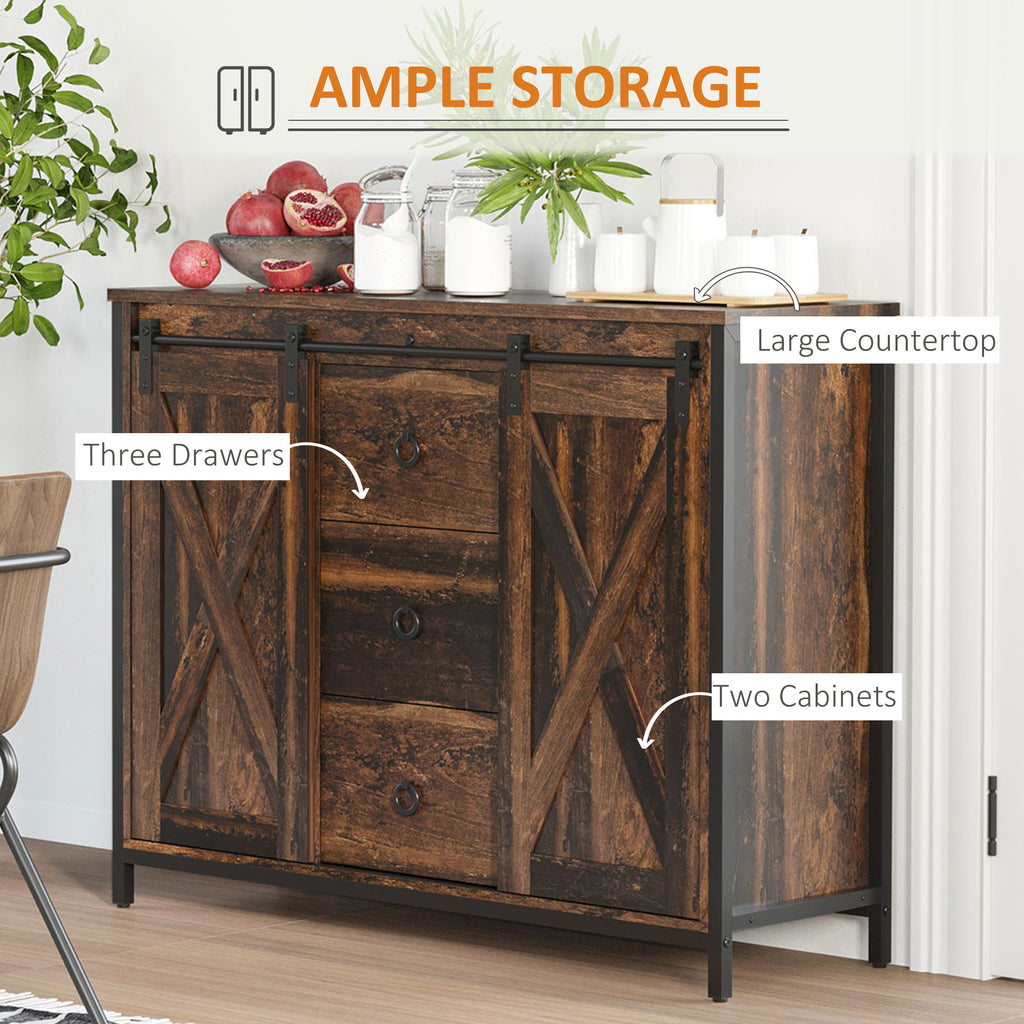 Industrial Buffet Cabinet, Kitchen Sideboard with Sliding Barn Doors, Three Drawers and Adjustable Shelves, Rustic Brown